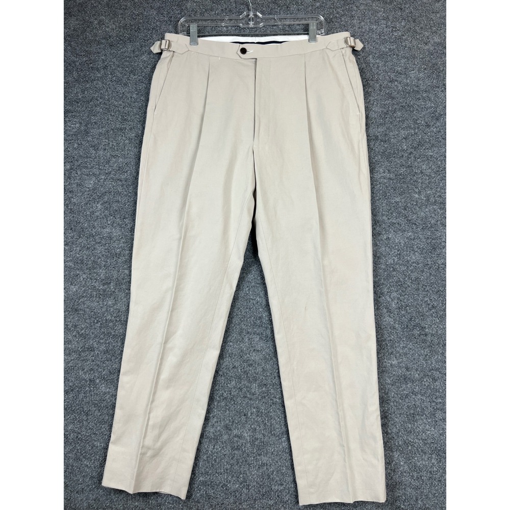 Proper Cloth Dress Pants 34x28 Beige Cotton Linen Canvas Side Adjuster Pleated